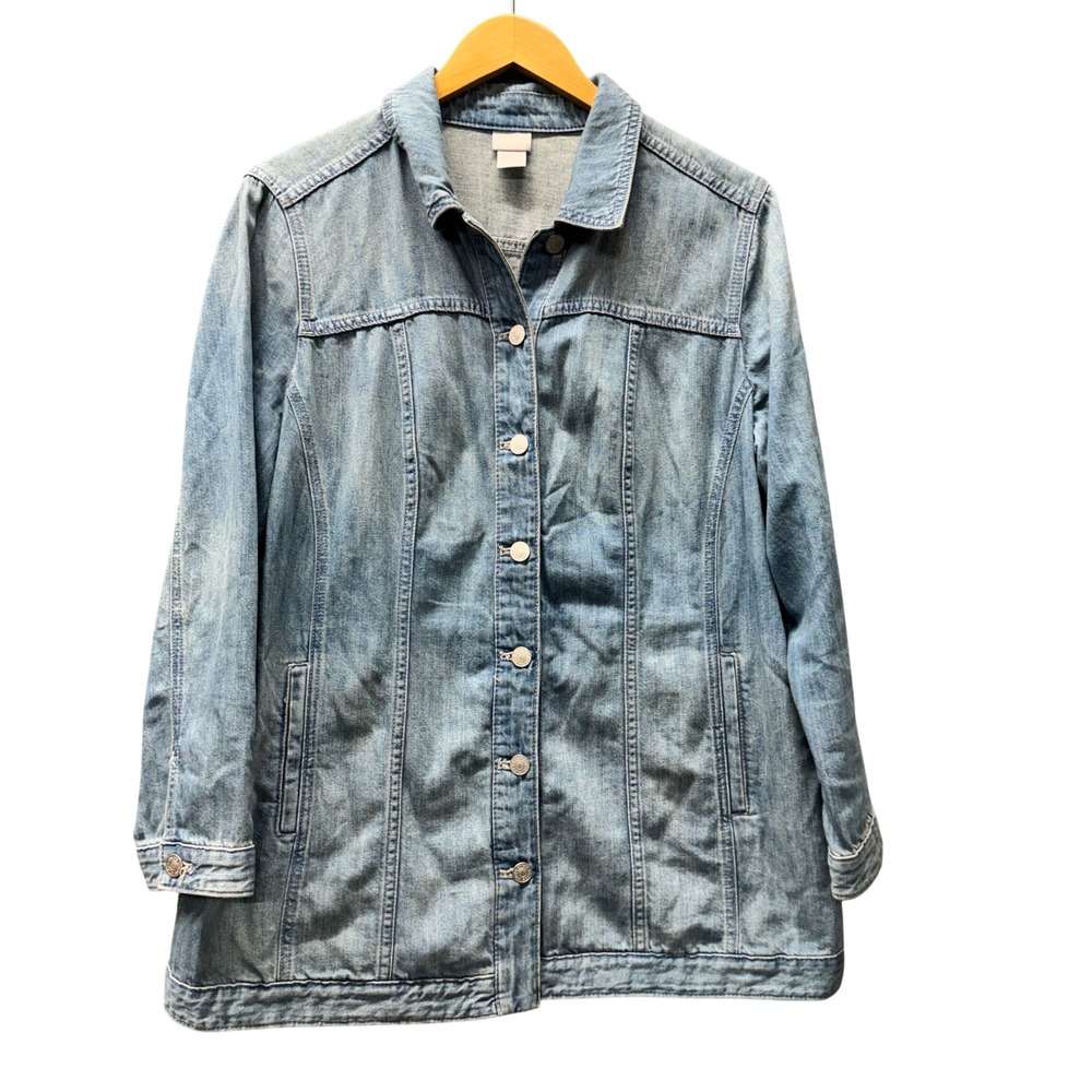 Chico's Denim Jacket Womens Petite Large Lp Delphine Longline Button Up Blue